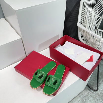 Vlogo Cut-Out Green Calfskin Slide Sandal