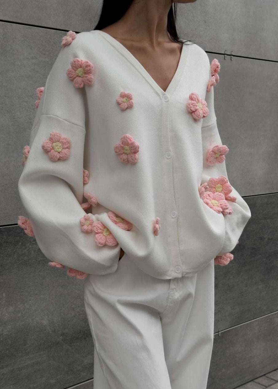 3D Floral Knit Cardigan With V Neck