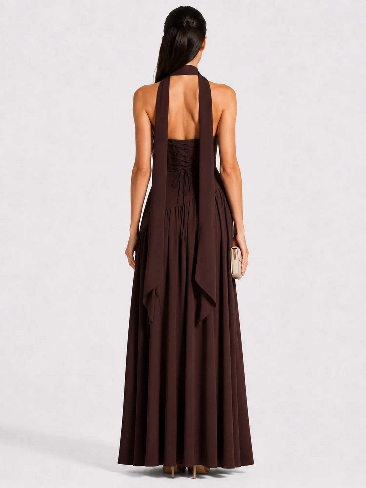 Celeste Strapless Ruched Slit Maxi Dress In Brown