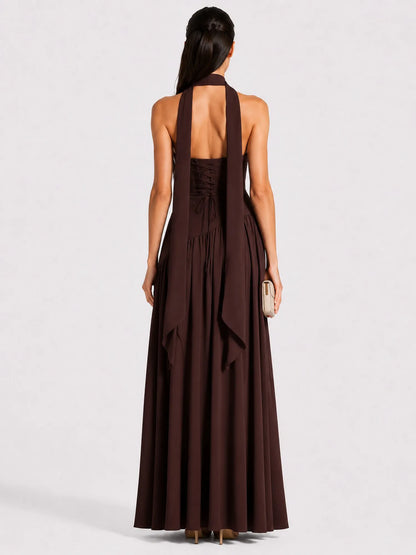 Celeste Strapless Ruched Slit Maxi Dress In Brown