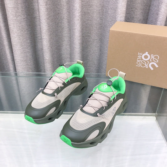 Loewe x on Angpao Couple Running Sneakers Khaki Green Nylon Calfskin 597422