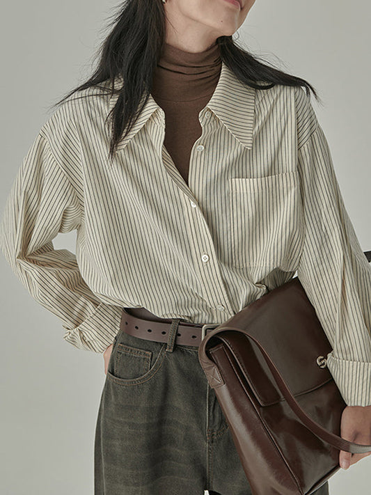 Loose Contrast Color Pockets Striped Blouses&Shirts Tops