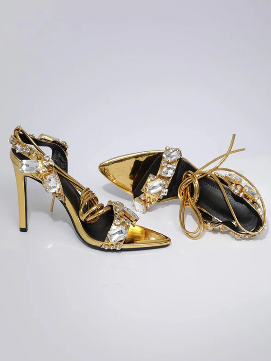 Tempest Crystal Lace Up Heels In Gold