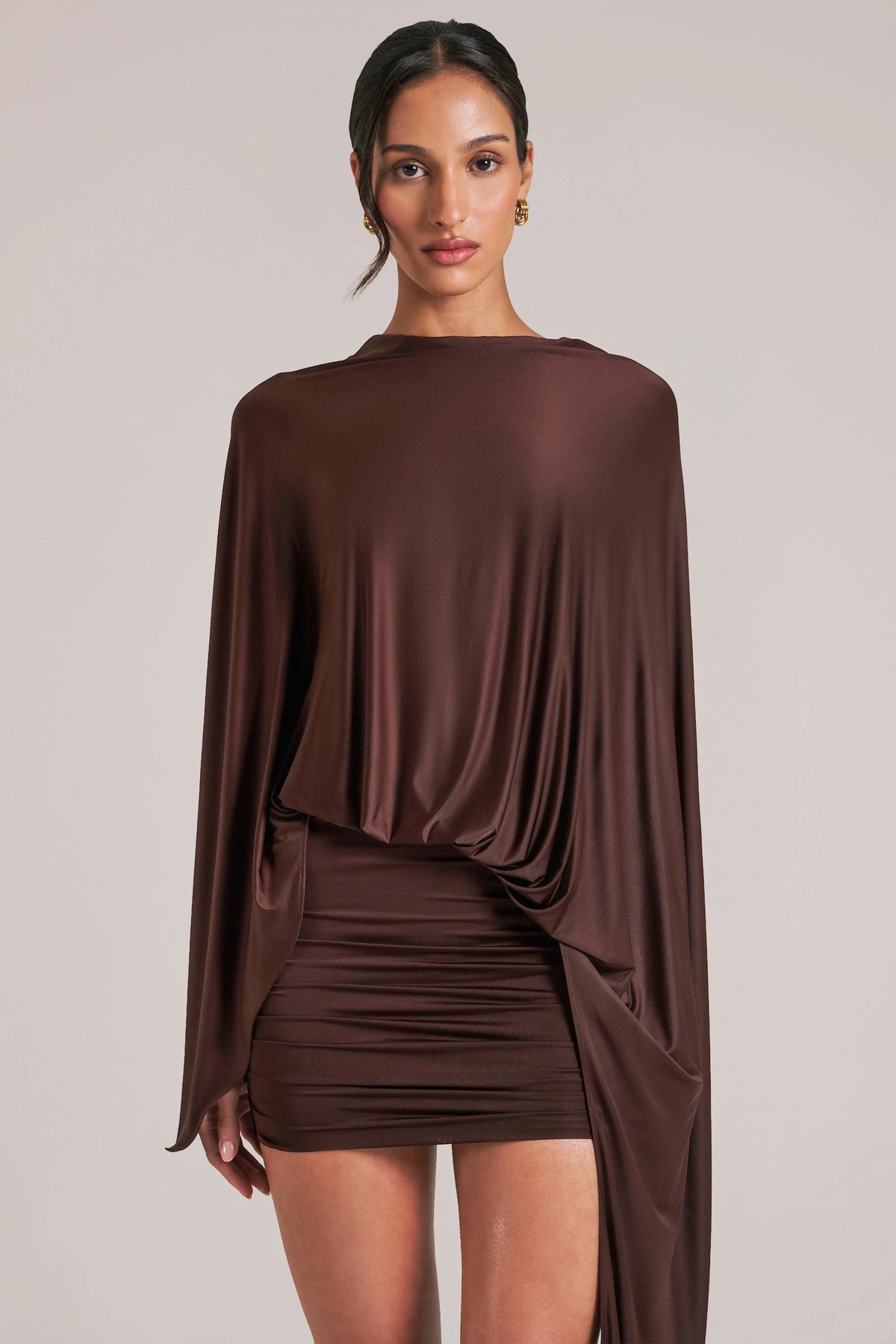 Draped Cape Mini Dress  in Chocolate Brown