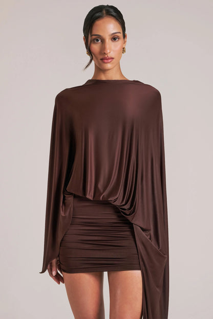 Draped Cape Mini Dress  in Chocolate Brown