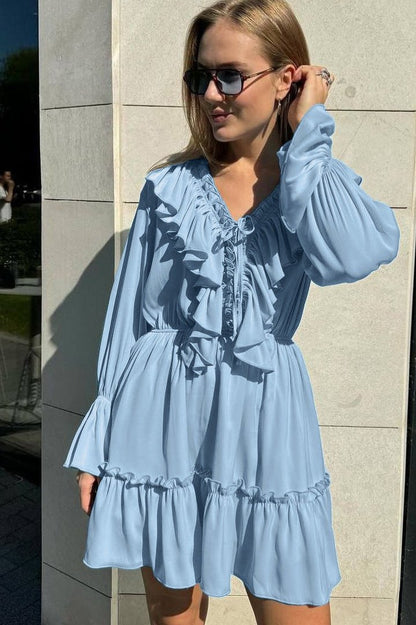 Ruffle Long Sleeve Mini Dress Lightweight Fabric