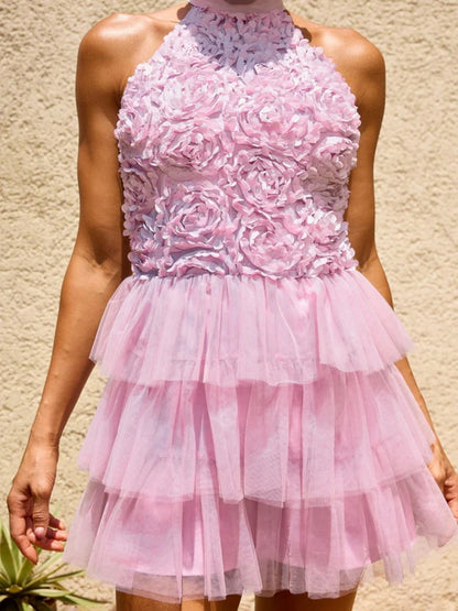 Ariana 3D Floral Halter Tiered Tulle Mini Dress