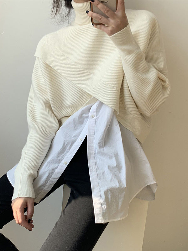Stylish 4 Colors Knitting High-Neck Asymmetric Split-Front Sweater