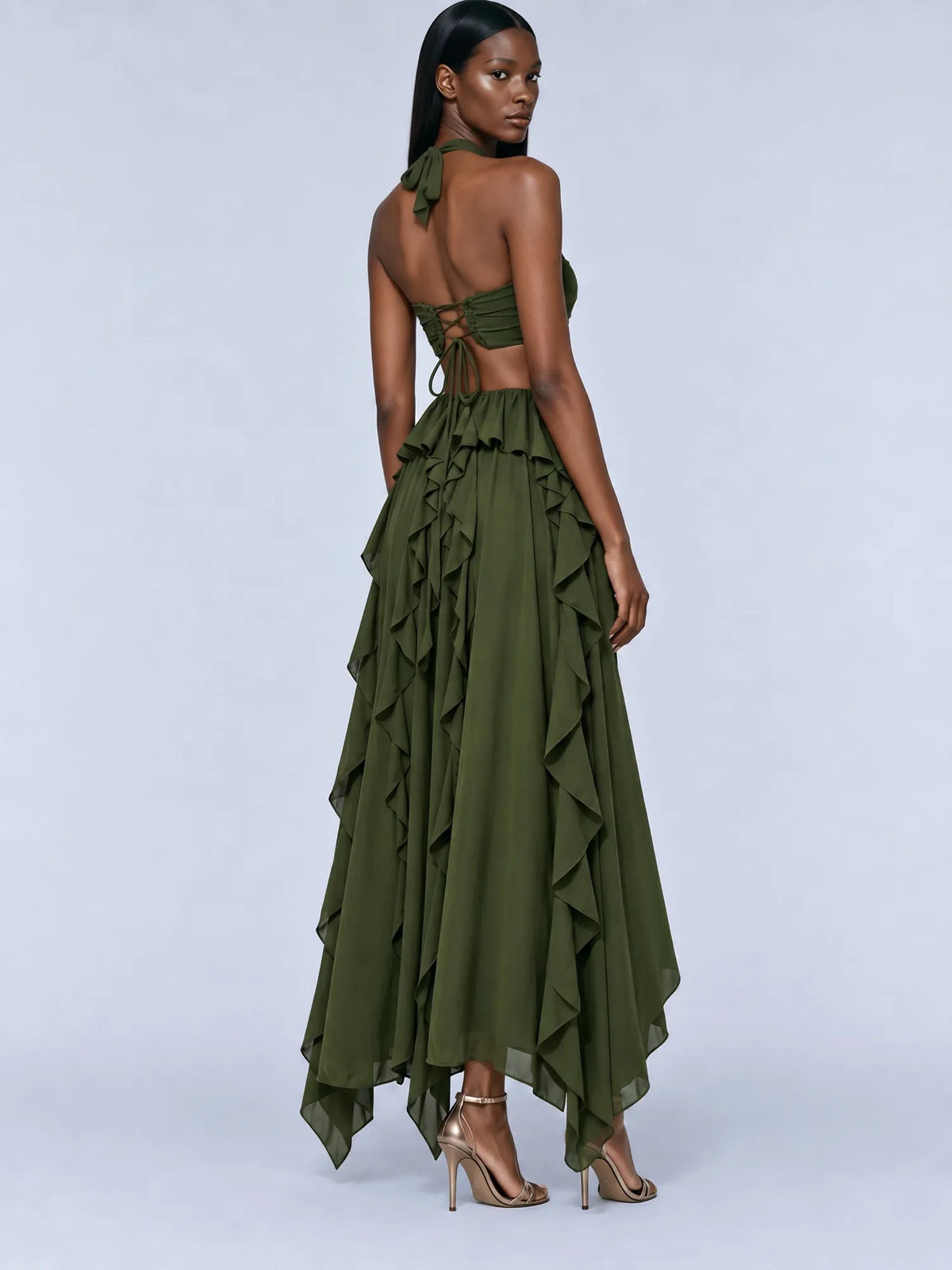 Solange Halter-Neck Ruffled Backless Maxi Dress