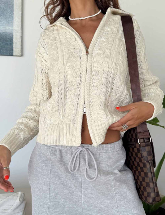 Solid Color Slouchy Zipper Cable Knit Cardigan