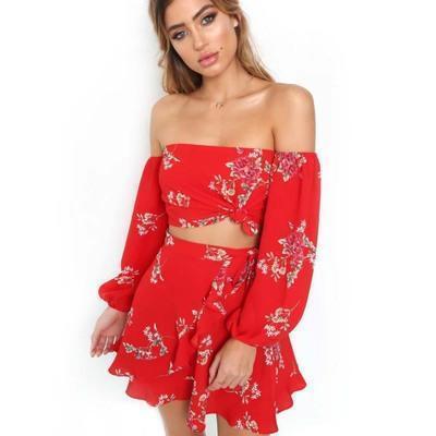 Chiffon Off The Shoulder Skirt And Sleeve Top 2 Piece Set