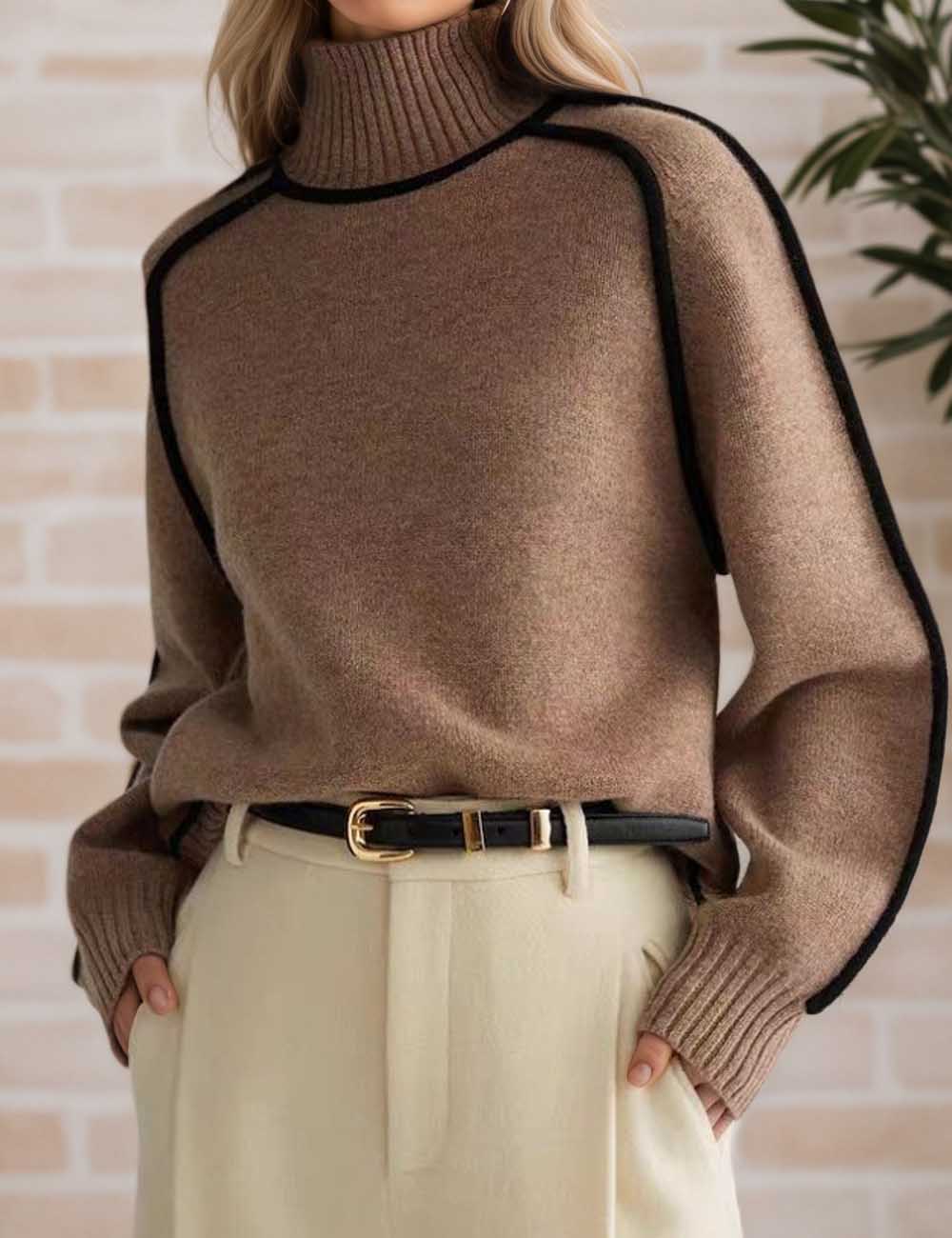 Elegant High Neck Ribbed Knit Sweater