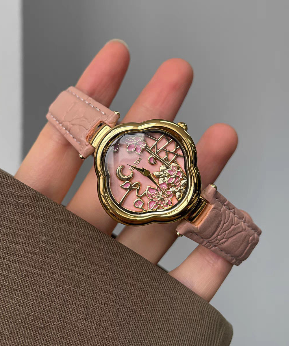 Art Pink Metal Cowhide Quartz Movement Watches