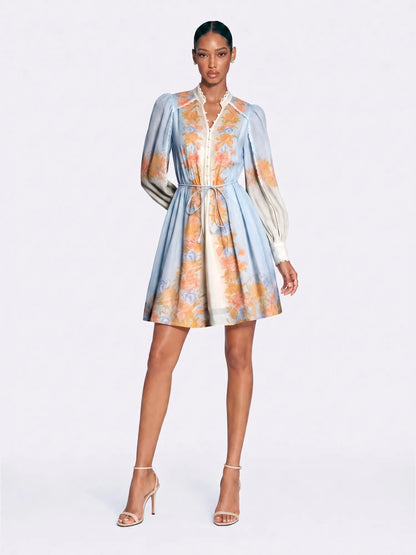 Zoe Floral Puff Sleeve Tie-Waist Mini Dress