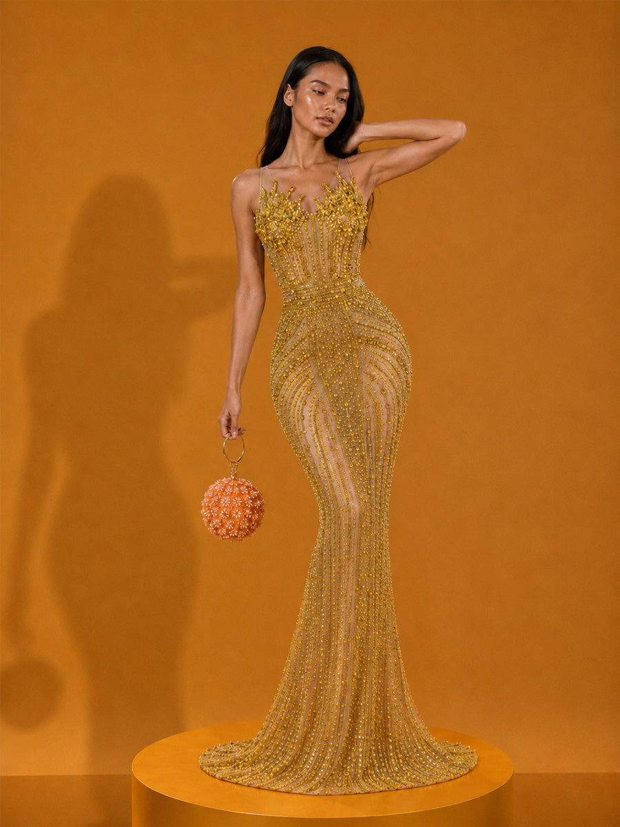 Jocelyn Elegant Strapless Sparkling Rhinestone Maxi Dress In Gold
