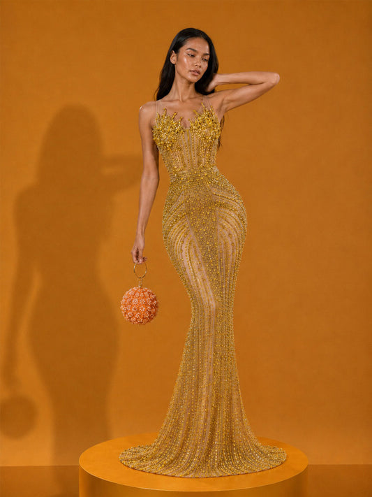 Jocelyn Elegant Strapless Sparkling Rhinestone Maxi Dress In Gold