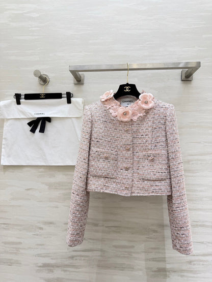 CC 26s Coat 3D Floral Embellished Light Pink Wool Blend Tweed