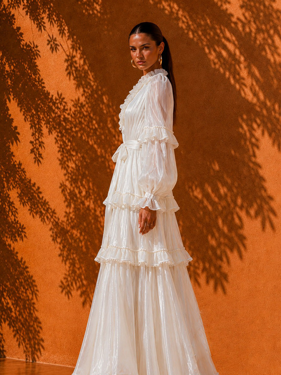 Aurora Vacation-Style Tiered Maxi Dress with Lace Trim In White