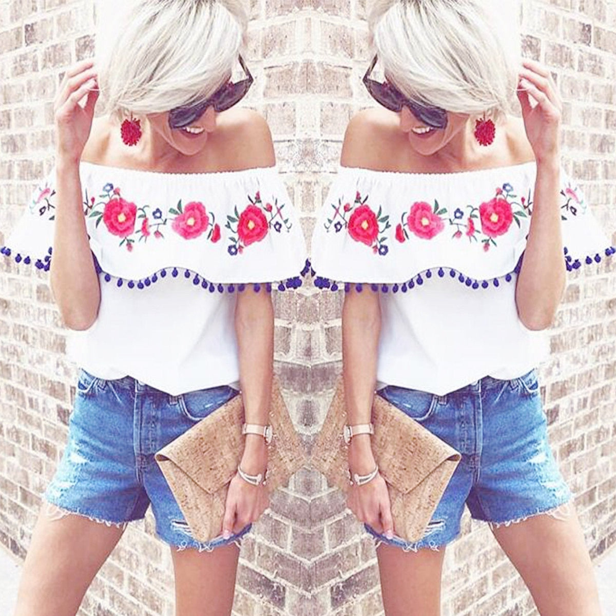 Pompom Off The Shoulder Ruffles Short Sleeve Loose Blouse Tops