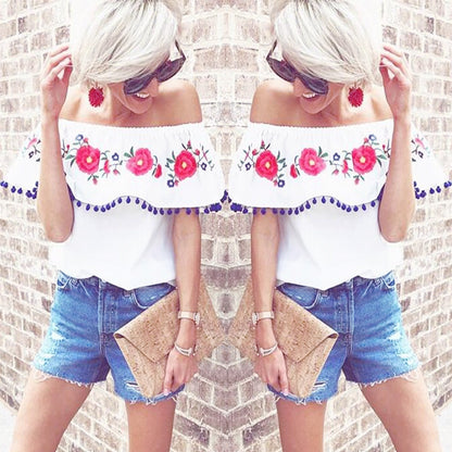 Pompom Off The Shoulder Ruffles Short Sleeve Loose Blouse Tops