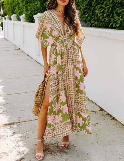 V-Neck Floral Print Side Split Dress
