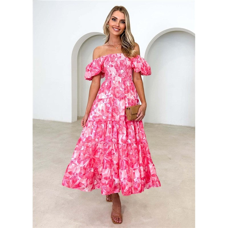 Boat Neck Short Sleeve Elastic Waist A-Line Long Dress