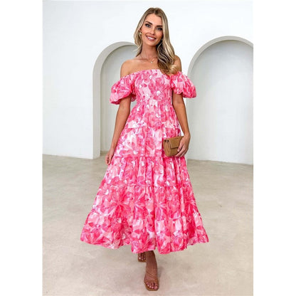 Boat Neck Short Sleeve Elastic Waist A-Line Long Dress