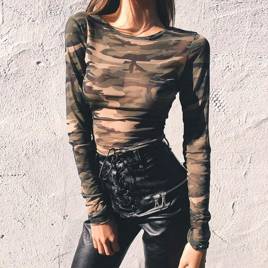 Women's Camouflage Mesh Long Sleeve T-Shirt Trendy Streetwear