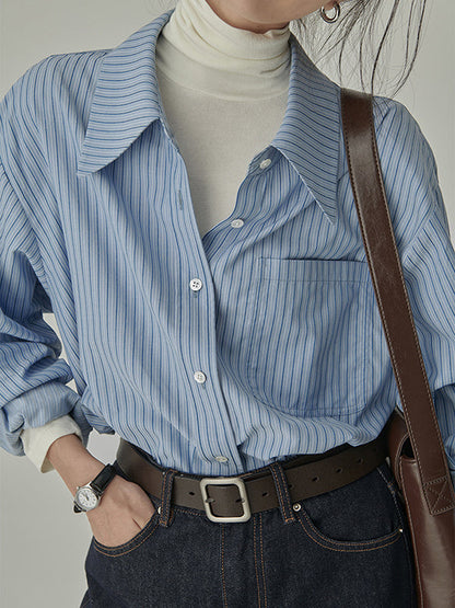 Loose Contrast Color Pockets Striped Blouses&Shirts Tops