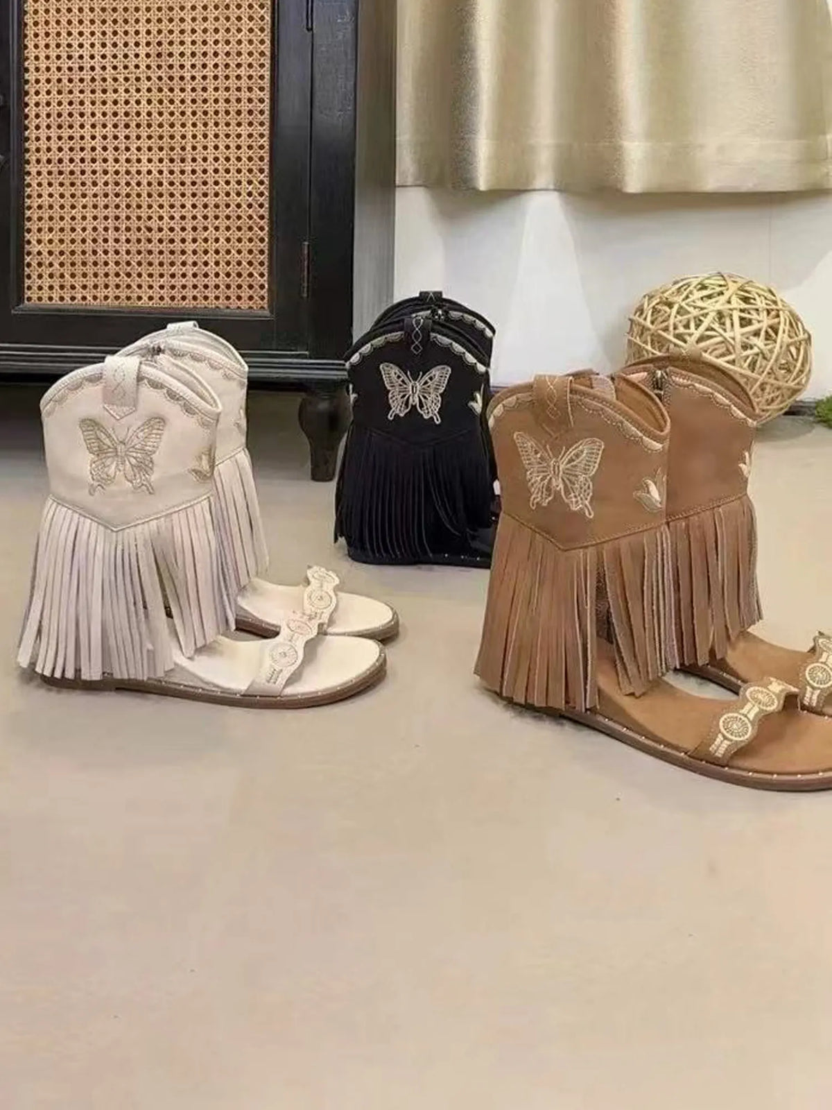 Vivienne Embroidered Butterfly Peep-Toe Booties with Tassels