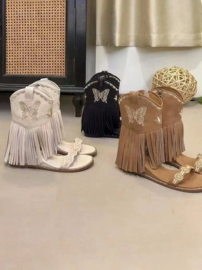 Vivienne Embroidered Butterfly Peep-Toe Booties with Tassels