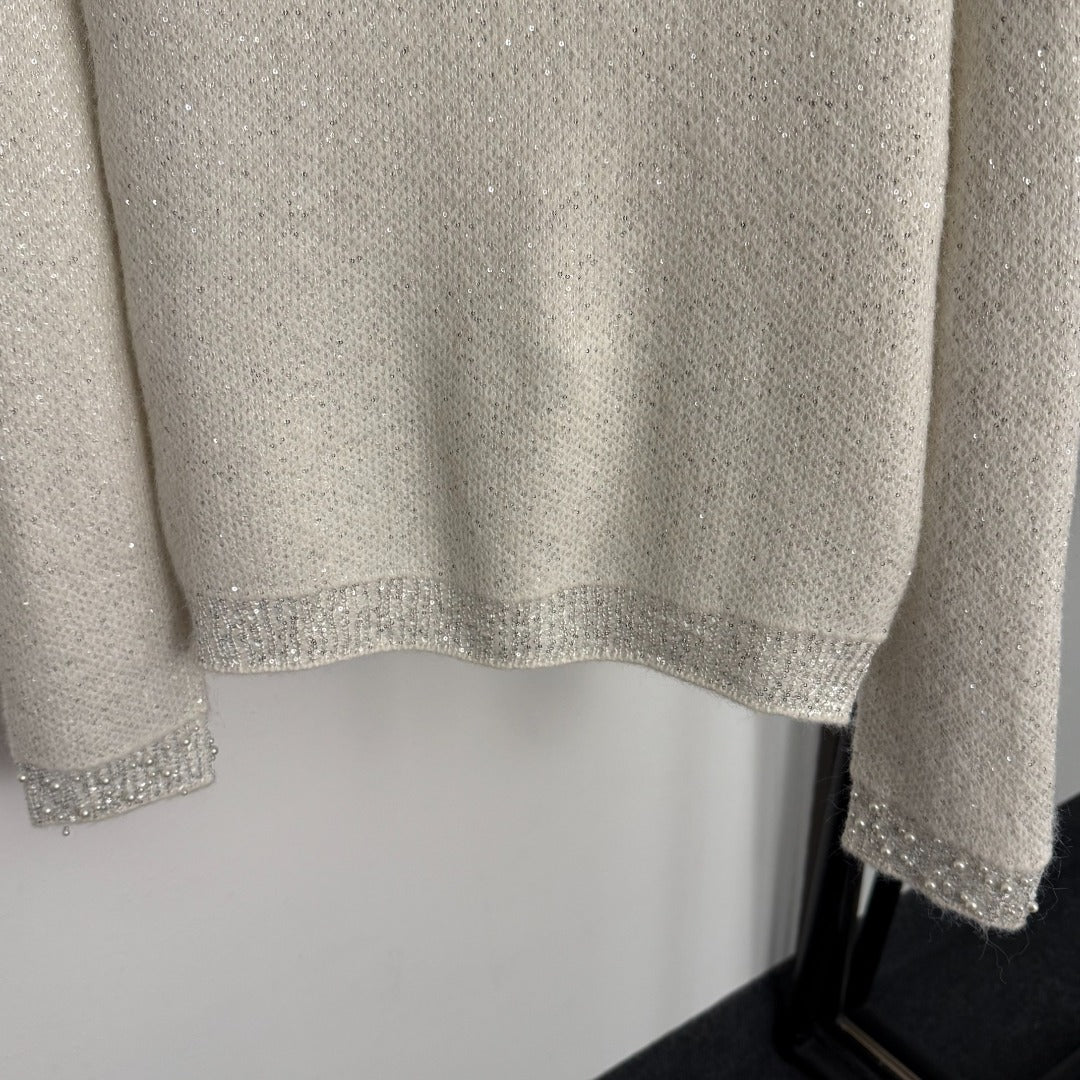 Chanel Rhinestone-Studded V-Neck Long-Sleeve White Wool Knit Sweater