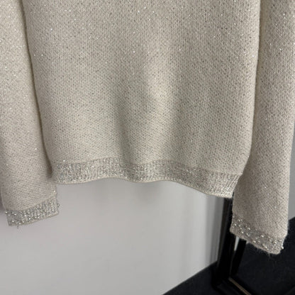 Chanel Rhinestone-Studded V-Neck Long-Sleeve White Wool Knit Sweater