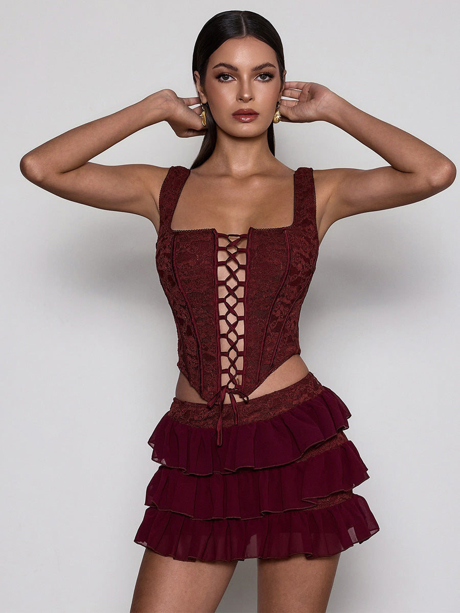 Melinda Corset Lace Up Tiered Skirt Set
