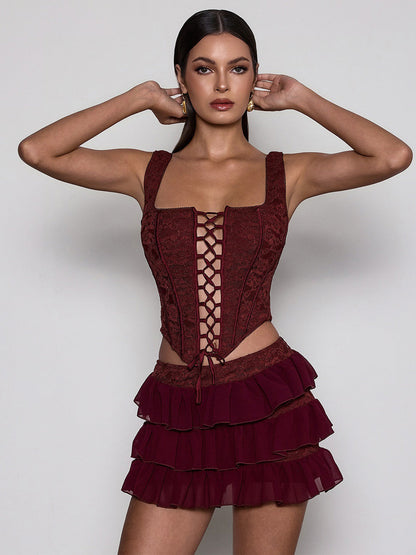 Melinda Corset Lace Up Tiered Skirt Set
