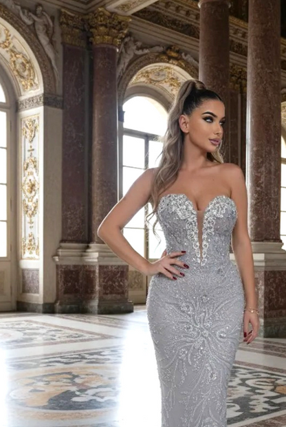 Strapless Floral Crystal Maxi Dress Silver