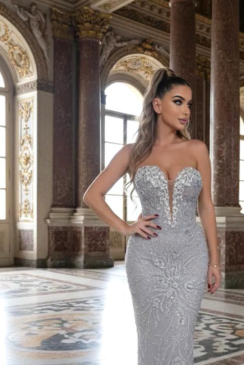 Strapless Floral Crystal Maxi Dress Silver