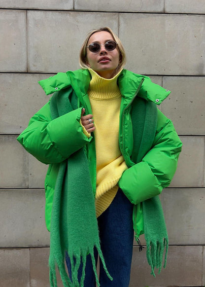 Neon Green Cotton Puffer Jacket With Hood