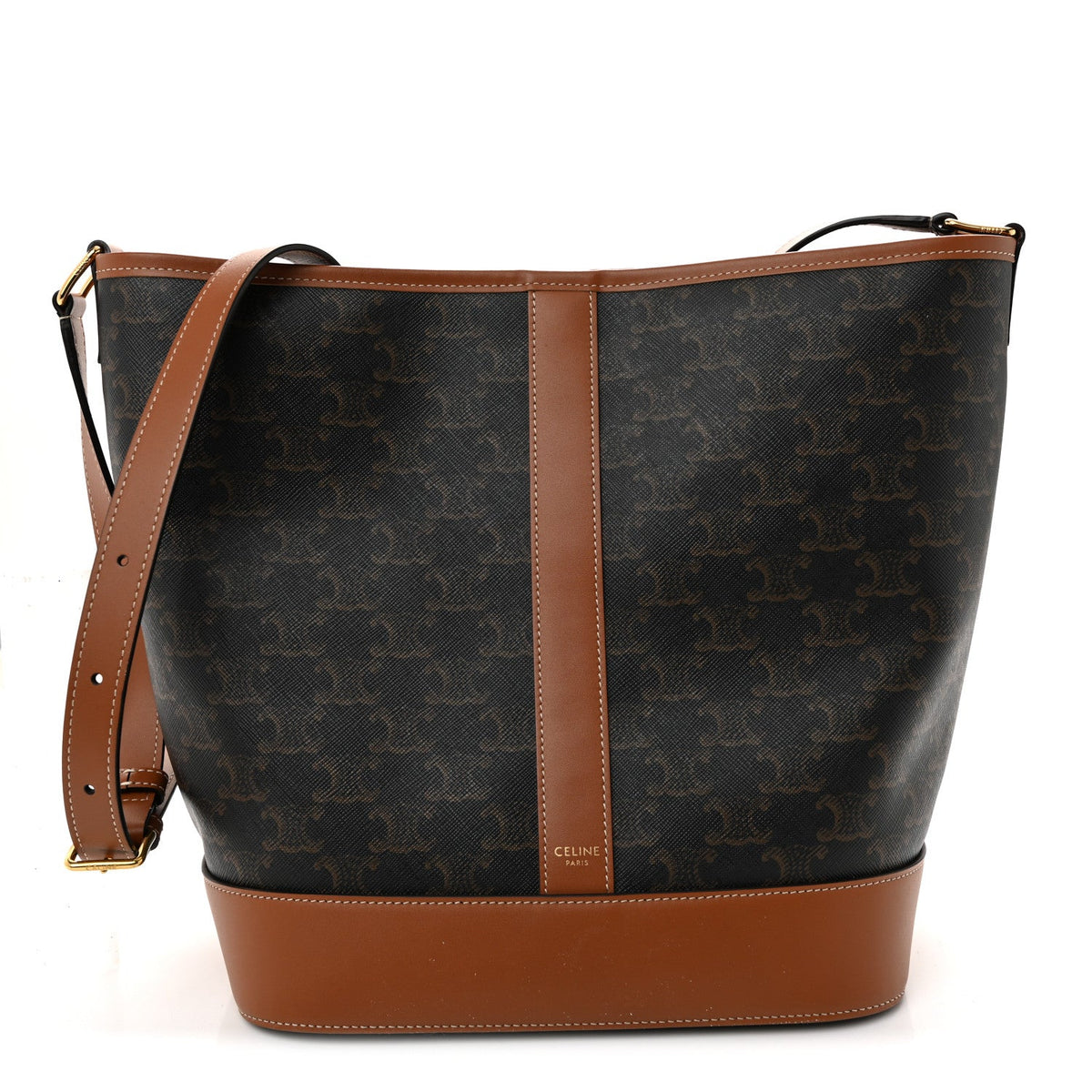 Triomphe Canvas Calfskin Medium Bucket Bag Tan