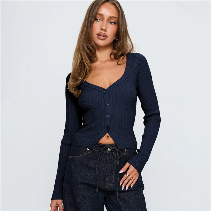 V Neck Long Sleeve Ribbed Button Cardigan