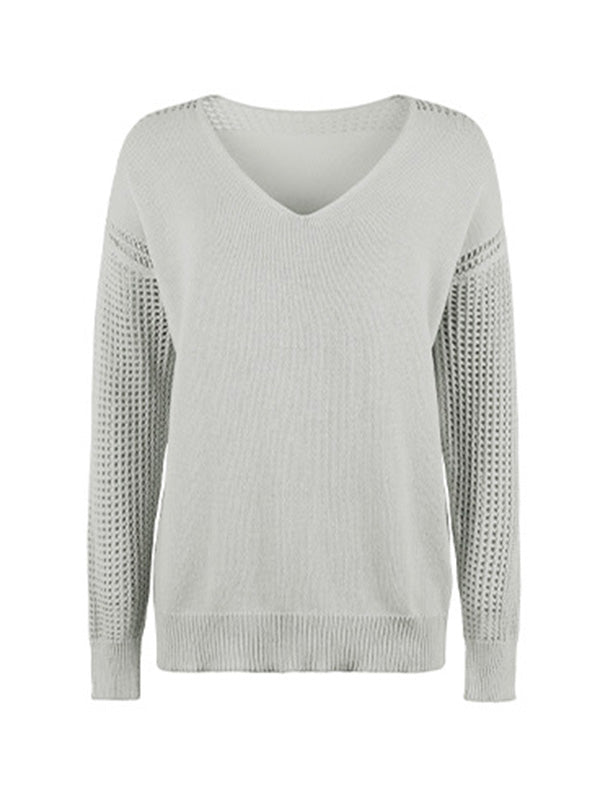 Long Sleeves Loose Hollow Solid Color V-Neck Sweater Tops