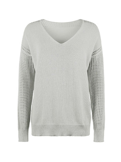 Long Sleeves Loose Hollow Solid Color V-Neck Sweater Tops