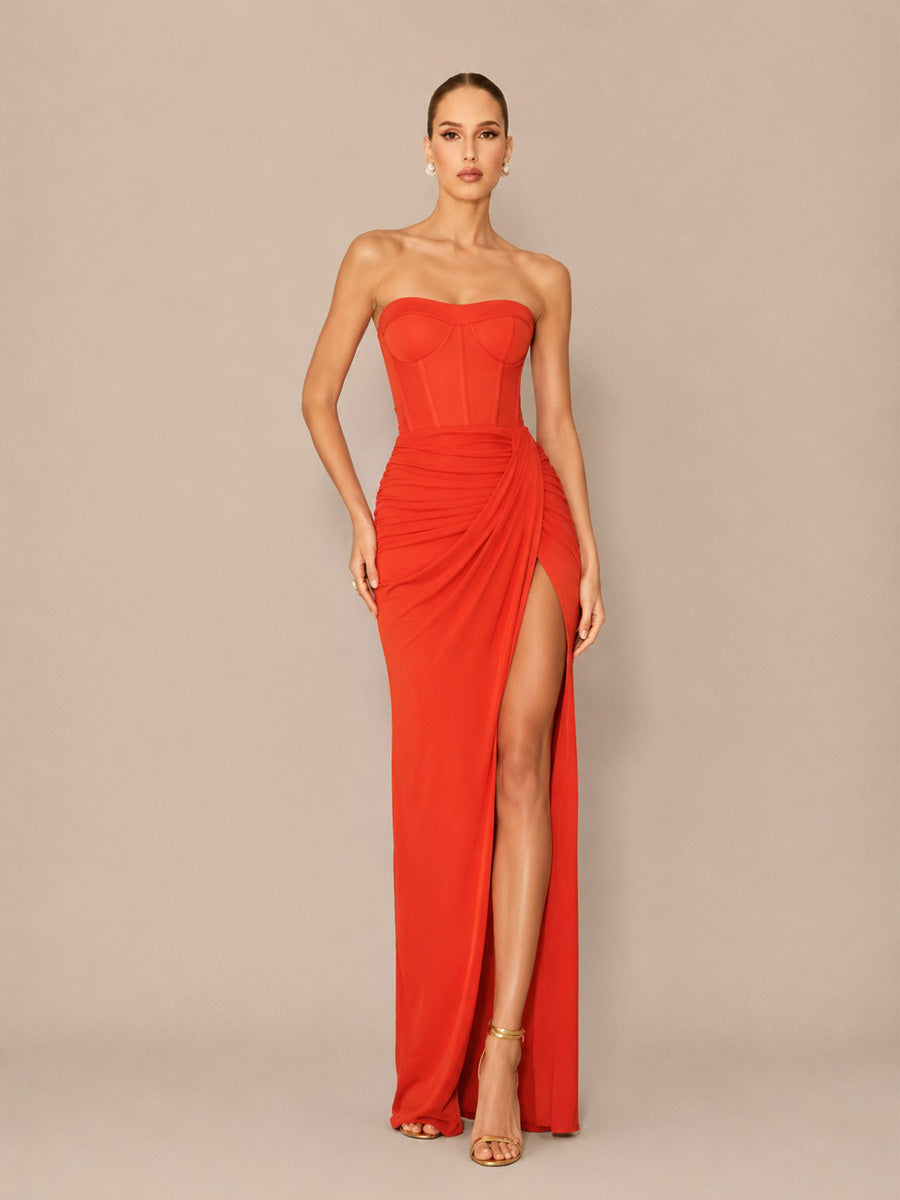 Calista Minimalist Strapless Maxi Dress with Slit