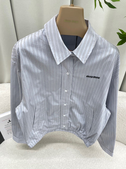 Miumiu 2026 Striped Blouson Jacket Blue-grey Cotton