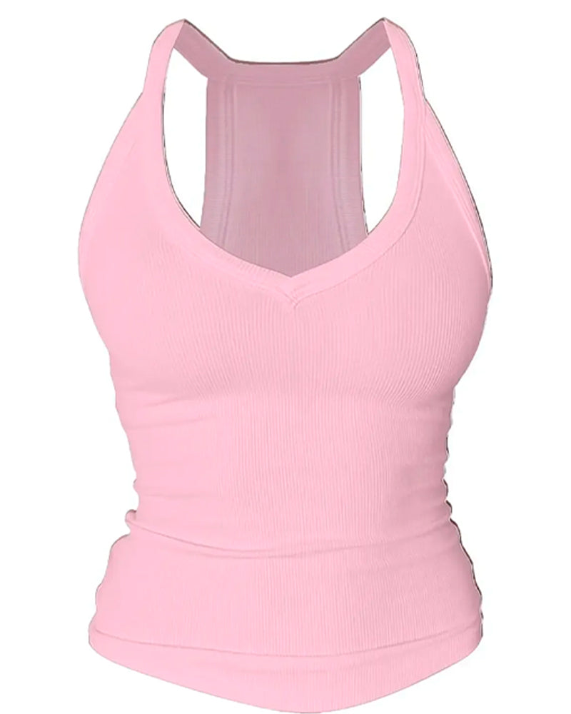 Built-in Bra V-Neck Ribbed Spaghetti Strap Cami Top