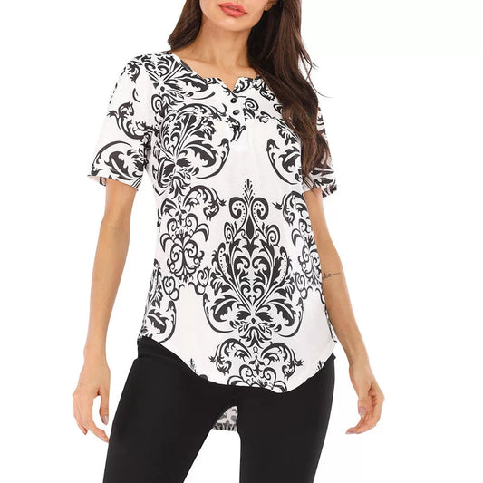 Spring And Summer New Button Collar Pleated Short Sleeve T Shirt