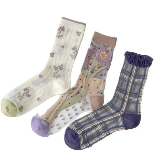 Rufia - Vintage Sheer Quarter Socks With Floral Or Plaid