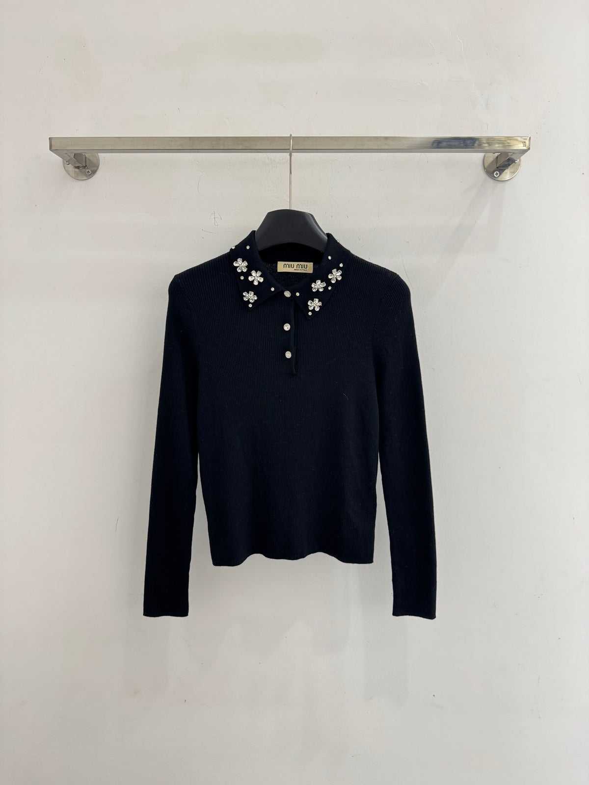 Miumiu 2025 Beaded Collar Long-Sleeve Knit Sweate Wool