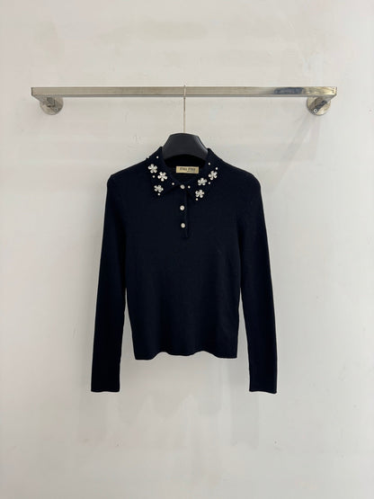 Miumiu 2025 Beaded Collar Long-Sleeve Knit Sweate Wool