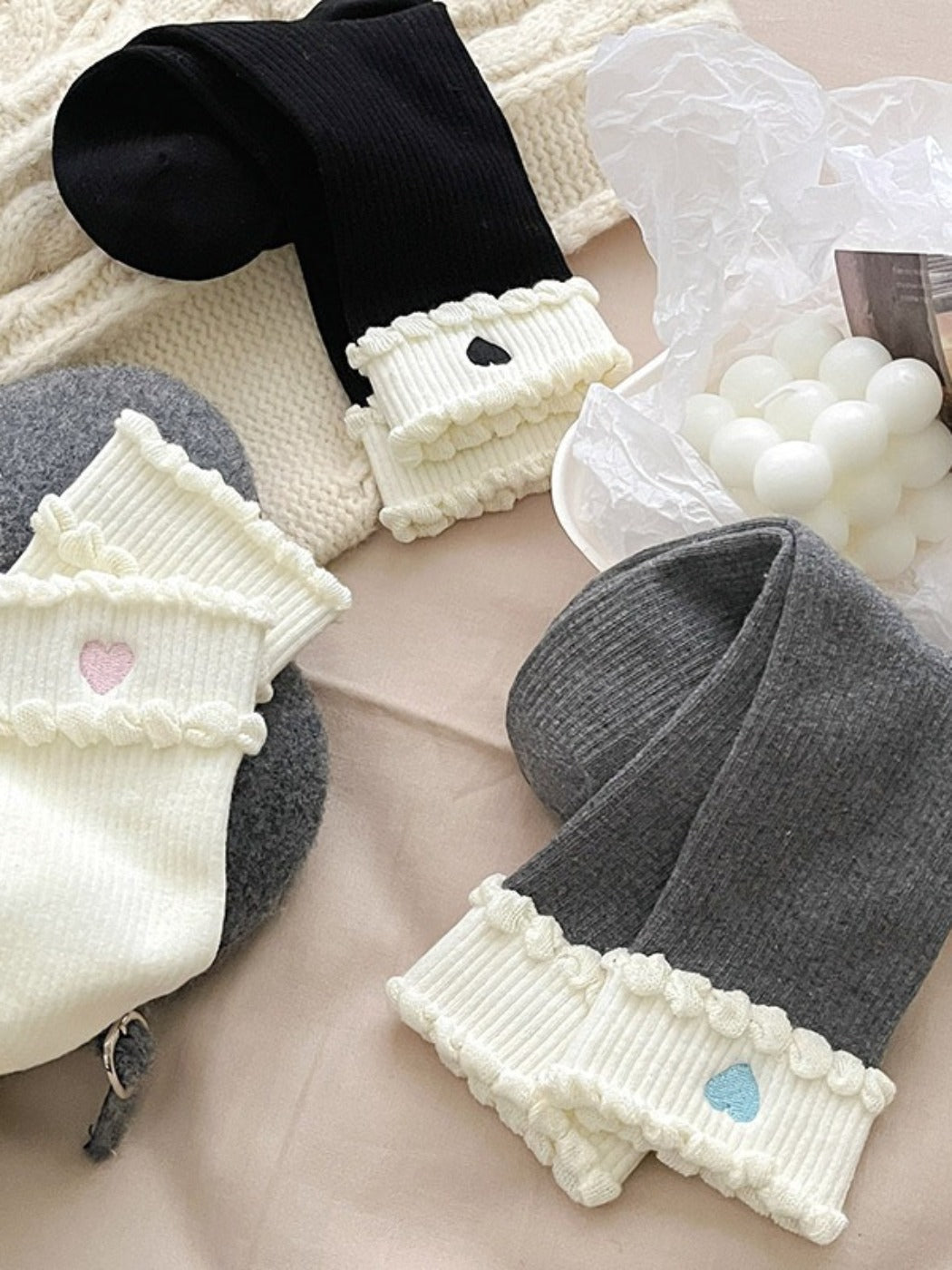Rufia - Sweet Heart Embroidered Mid-Calf Winter Socks